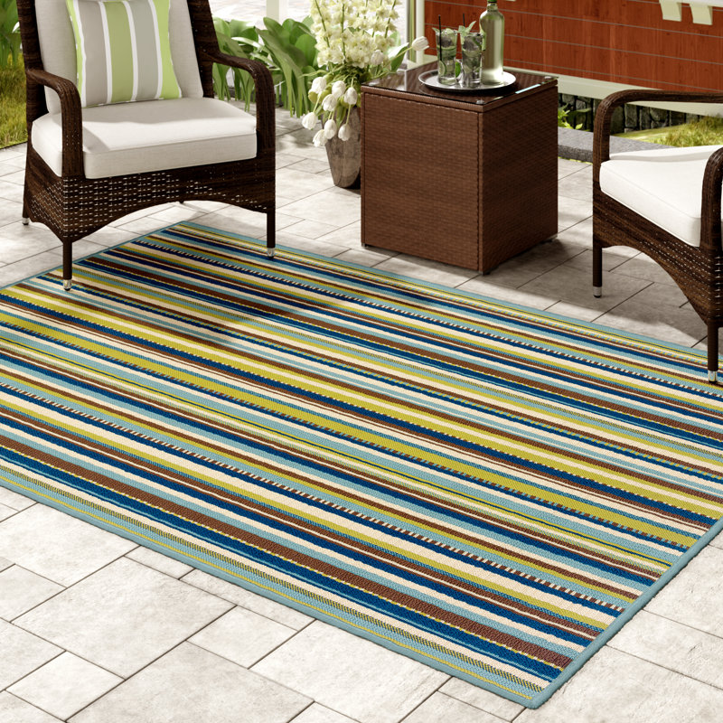 Andover Mills Brendel Striped Hooked Blue/Brown Indoor/Outdoor Area Rug